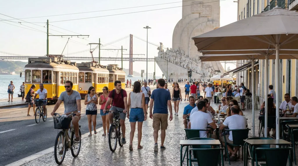 Ein Foto, das den Lebensstil in Lissabon darstellt, Menschen, die am Fluss entlang spazieren