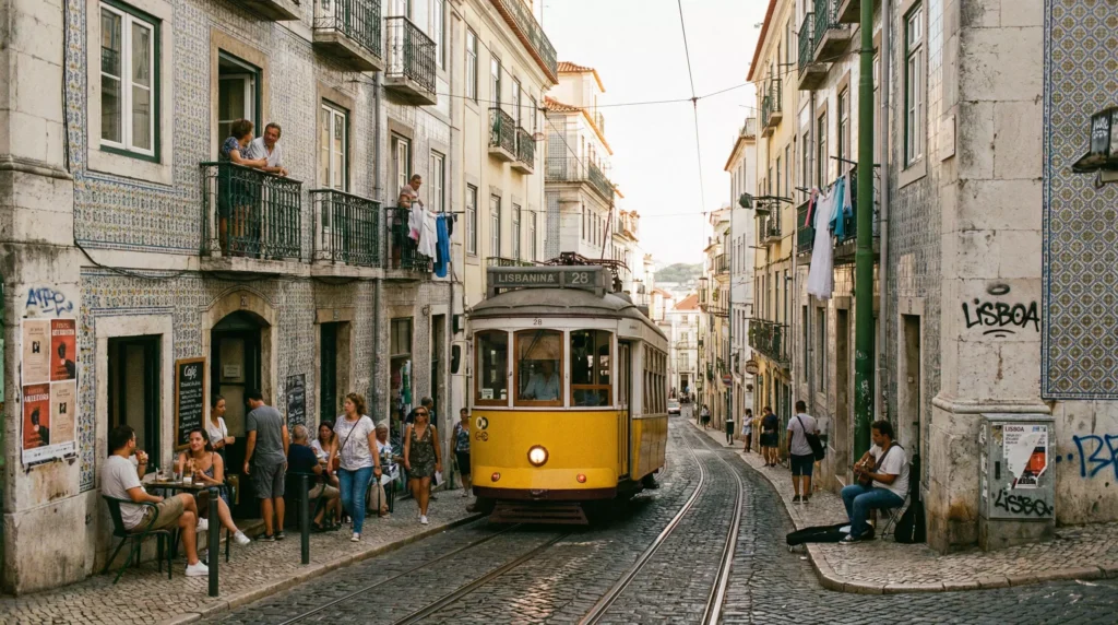 Eine belebte Straßenszene in einem typischen Lissaboner Viertel, wie der Alfama, mit Straßenbahnen, Azulejos und Einwohnern.