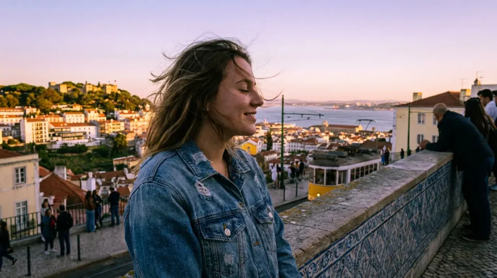 Eine junge Frau betrachtet den Sonnenuntergang über Lissabon von einem Miradouro aus, mit der Brücke des 25. April und dem Tejo im Hintergrund.