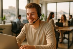Arbeiten in Griechenland: junger Mann mit Headset in einem hellen Büro in Athen