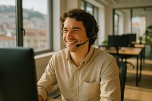 Arbeiten in Portugal: lächelnde junge Person mit Headset in einem hellen Büro in Lissabon