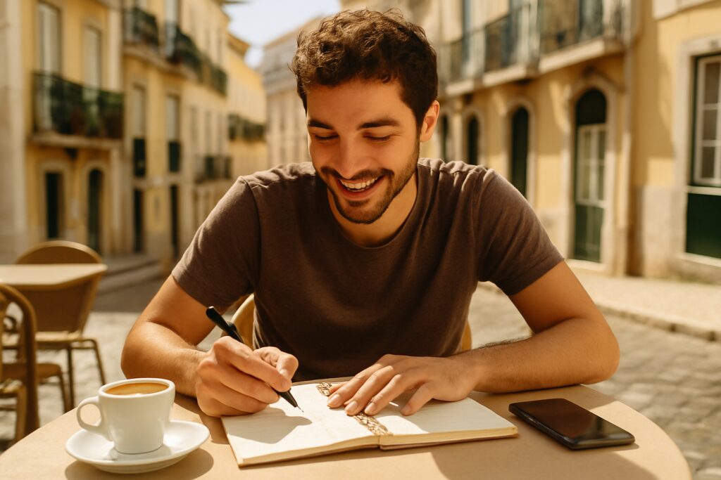 Cost of living in Portugal: young man planning his budget at a sunny Lisbon cafe