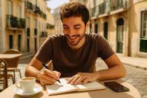 Cost of living in Portugal: young man planning his budget at a sunny Lisbon cafe