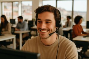 Customer service job in Portugal: smiling young worker with a headset in a bright Lisbon office