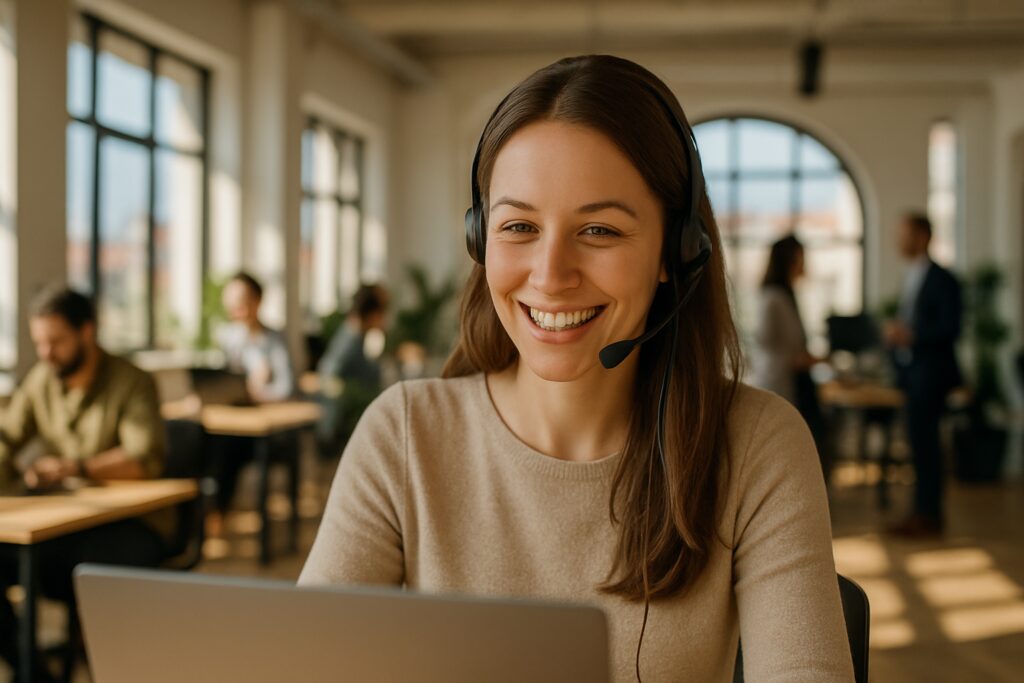 Deutschsprachige Jobs in Portugal: junge Frau mit Headset in einem hellen Büro in Lissabon