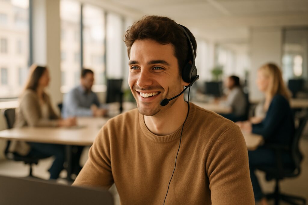 Emploi francophone au Portugal : jeune homme souriant avec un casque dans un bureau lumineux à Lisbonne