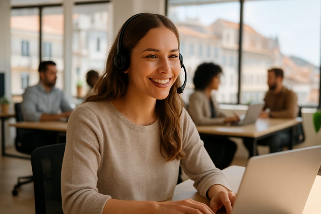 English-speaking jobs in Portugal: young woman with a headset working in a bright Lisbon office