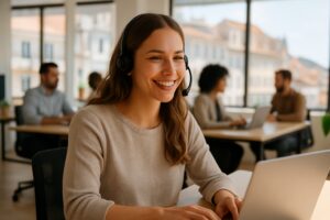 English-speaking jobs in Portugal: young woman with a headset working in a bright Lisbon office
