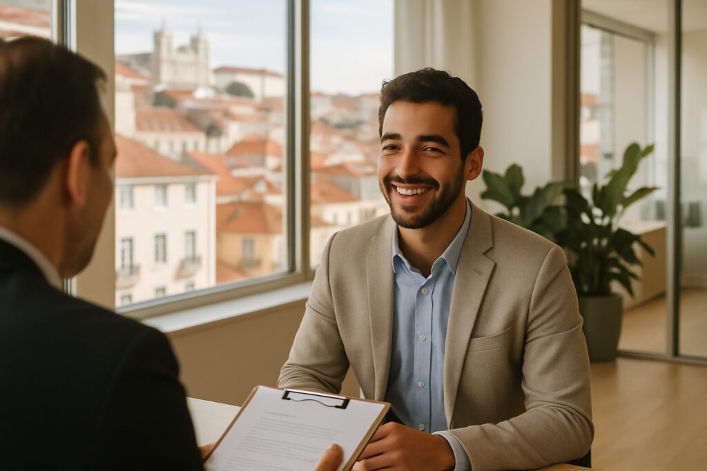 Get a job in Portugal: smiling candidate in a job interview in a bright Lisbon office