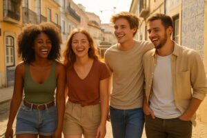 Quatre jeunes Européens souriants marchent ensemble dans une rue ensoleillée de Lisbonne aux façades pastel