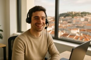 Jobs in Lissabon: junge Person mit Headset in einem hellen Büro mit Blick über Lissabon