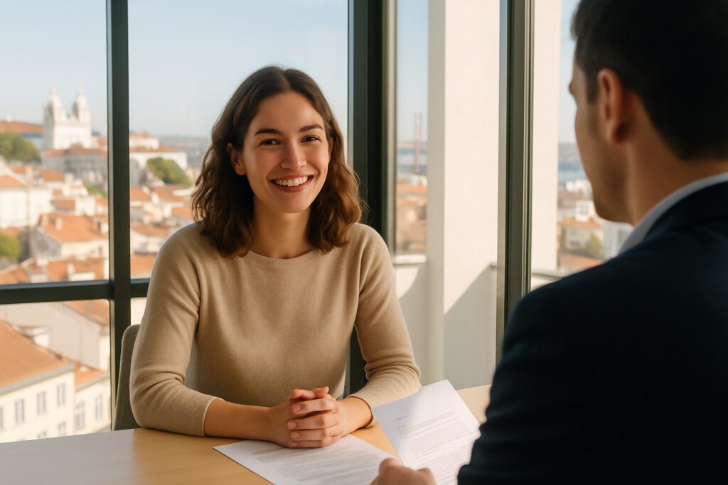 Jobs in Portugal: lächelnder Bewerber im Vorstellungsgespräch in einem hellen Büro in Lissabon
