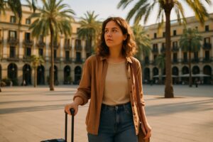 Jobs in Spain for foreigners: young person with a suitcase arriving in a sunny Spanish city
