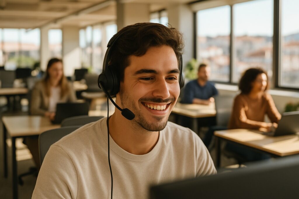 Klantenservice in Portugal: lachende jonge persoon met headset in een licht kantoor in Lissabon