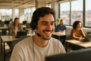 Klantenservice in Portugal: lachende jonge persoon met headset in een licht kantoor in Lissabon