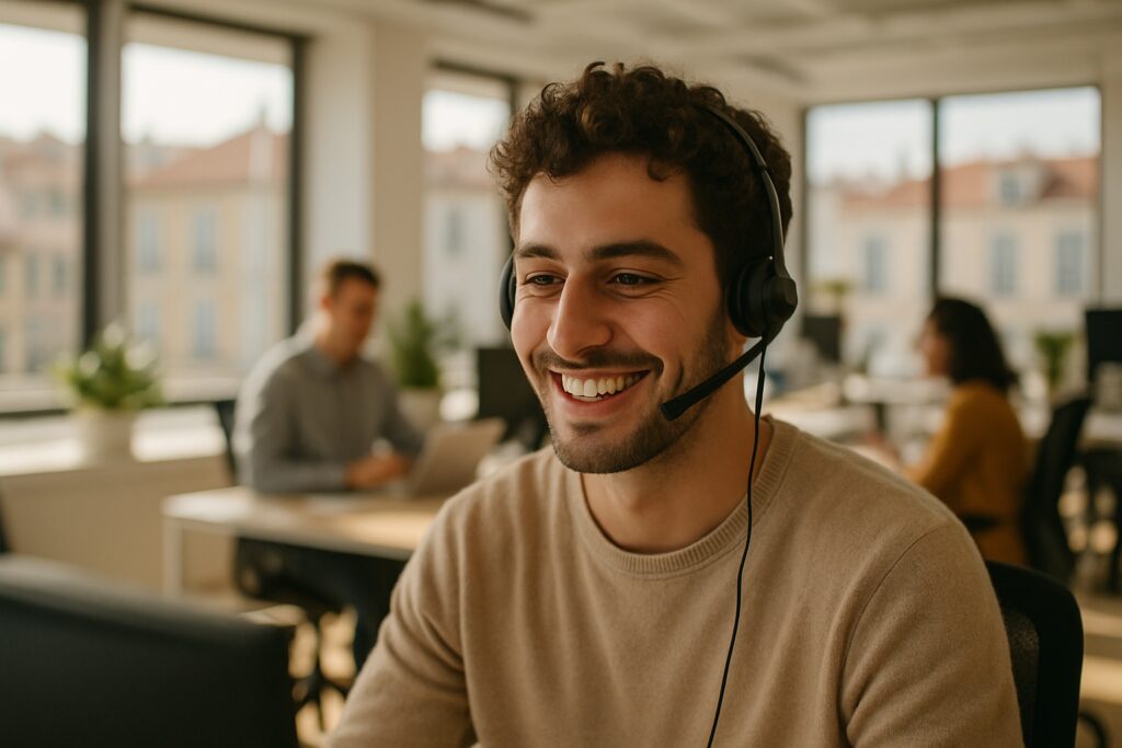 Kundenservice in Portugal: lächelnde junge Person mit Headset in einem hellen Büro in Lissabon