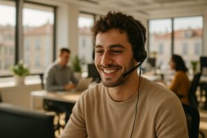 Kundenservice in Portugal: lächelnde junge Person mit Headset in einem hellen Büro in Lissabon