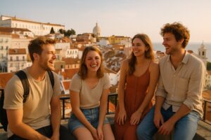 Leben in Lissabon: junge Auswanderer genießen einen sonnigen Tag mit Blick über die Stadt