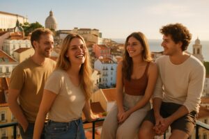 Leven in Lissabon: jonge emigranten genieten van een zonnige dag met uitzicht over de stad