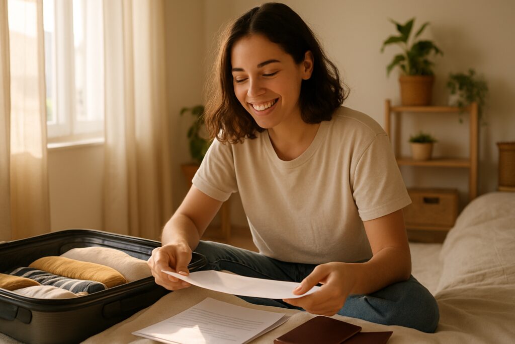 Moving to Portugal checklist: young person packing a suitcase and documents before the move