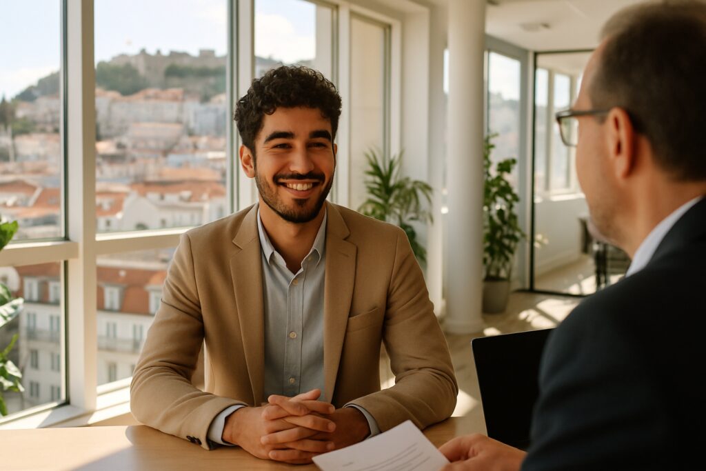 Solliciteren in Portugal: lachende kandidaat in een sollicitatiegesprek in een licht kantoor in Lissabon
