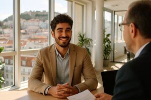 Solliciteren in Portugal: lachende kandidaat in een sollicitatiegesprek in een licht kantoor in Lissabon