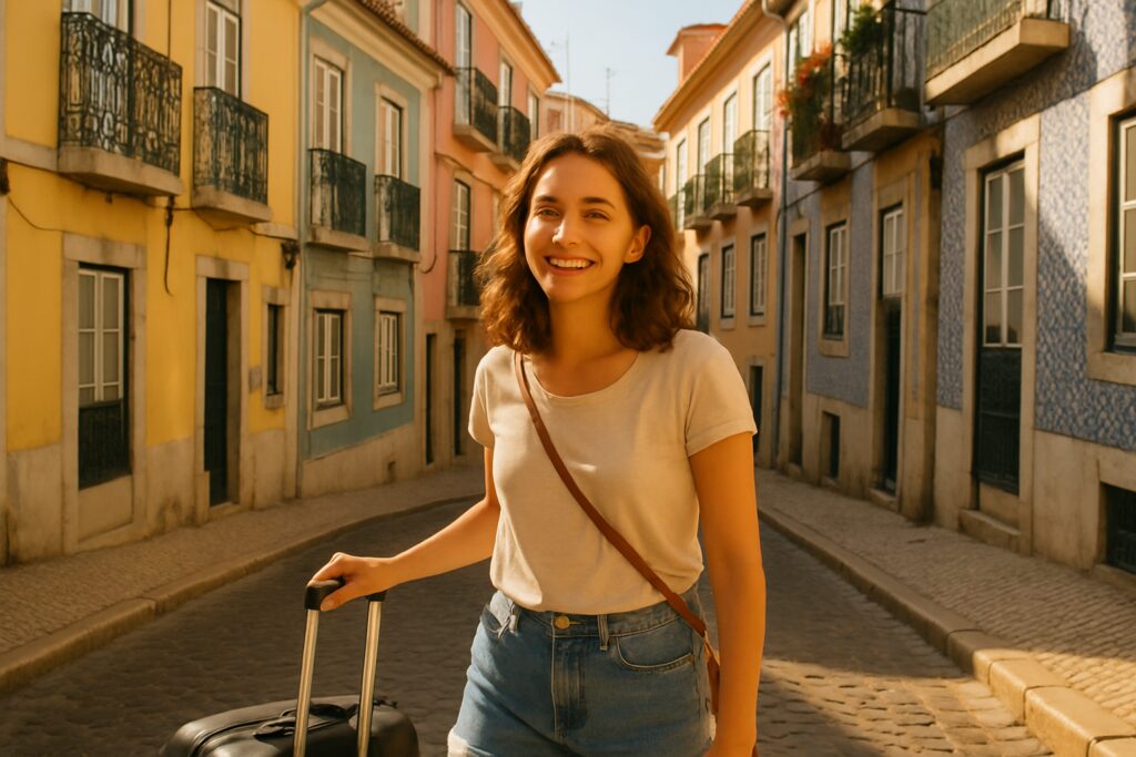 Travail à l'étranger avec logement fourni : jeune femme souriante avec sa valise dans une rue colorée du Portugal