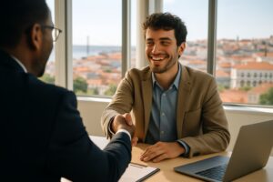 Trouver un job au Portugal : candidat souriant en entretien dans un bureau à Lisbonne