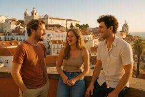 Vivre et travailler au Portugal : jeunes expatriés souriants sur une terrasse ensoleillée à Lisbonne