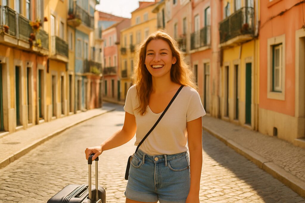 Werken in het buitenland met huisvesting: jonge vrouw met koffer in een zonnige straat in Lissabon