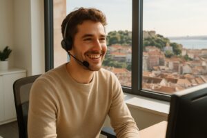 Werken in Lissabon: jonge persoon met headset in een licht kantoor met uitzicht over Lissabon