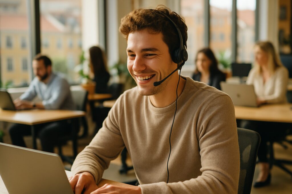 Werken in Portugal voor Nederlandstaligen: jonge man met headset in een licht kantoor in Lissabon