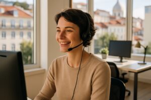 Werken in Portugal: lachende jonge persoon met headset in een licht kantoor in Lissabon