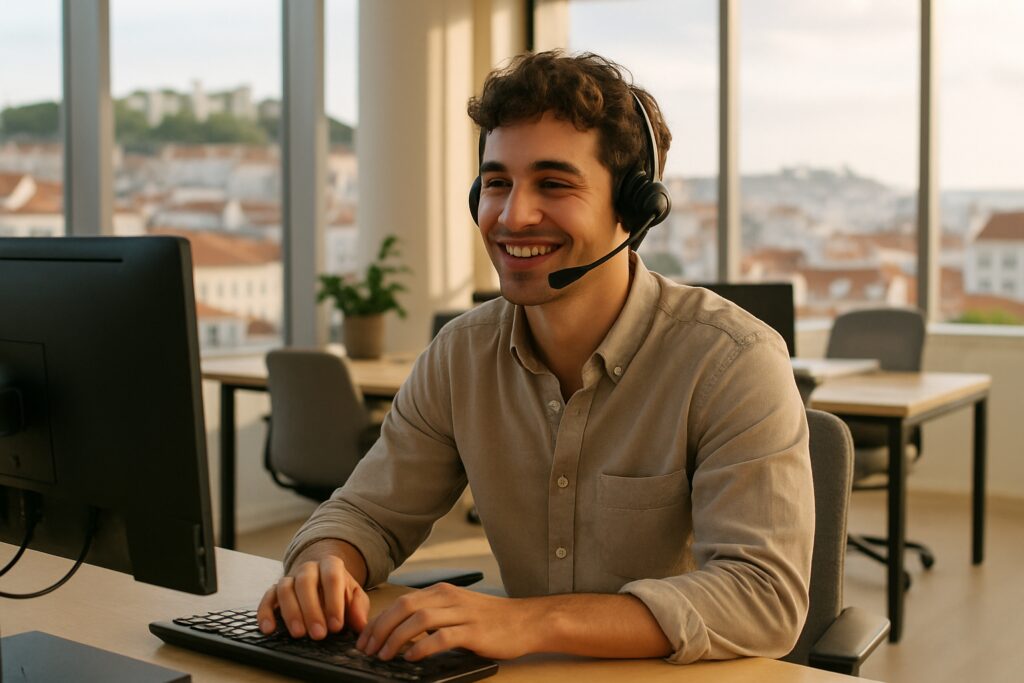 Work in Portugal without Portuguese: smiling young worker with a headset in a Lisbon office
