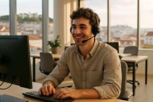 Work in Portugal without Portuguese: smiling young worker with a headset in a Lisbon office