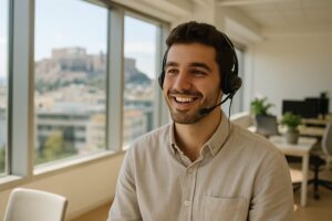Jobs in Greece for foreigners: smiling young worker with a headset in a bright Athens office