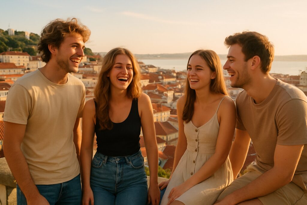 Living in Lisbon: young expats enjoying a sunny day over the colourful rooftops of the city