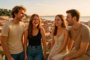 Living in Lisbon: young expats enjoying a sunny day over the colourful rooftops of the city