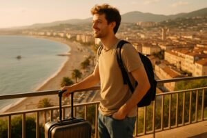Portugal or Greece: young traveller with a suitcase choosing between two sunny destinations