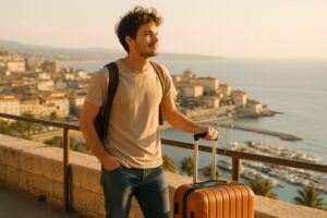 Portugal ou Grèce : jeune voyageur hésite entre deux destinations ensoleillées, valise à la main