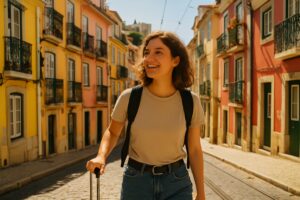 Premier mois au Portugal : jeune expatrié souriant découvre Lisbonne, valise à la main