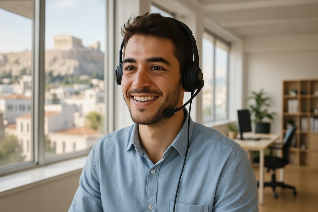 Travailler en Grèce : jeune personne souriante avec un casque dans un bureau lumineux à Athènes