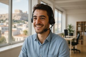 Travailler en Grèce : jeune personne souriante avec un casque dans un bureau lumineux à Athènes