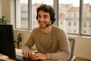 Werken in Portugal zonder diploma: lachende jonge persoon met headset in een licht kantoor in Lissabon