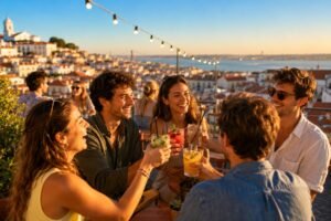 Jeunes collegues en afterwork sur un rooftop de Lisbonne au coucher de soleil
