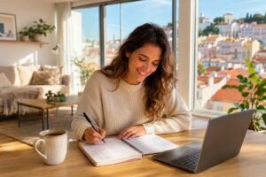 Jeune femme souriante qui apprend le portugais avec un cahier et un ordinateur portable, vue sur les toits de Lisbonne