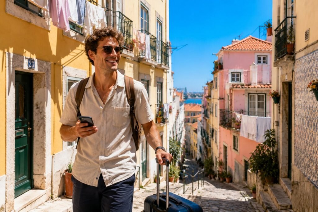 Jeune voyageur souriant avec sa valise dans une ruelle coloree de l'Alfama a Lisbonne