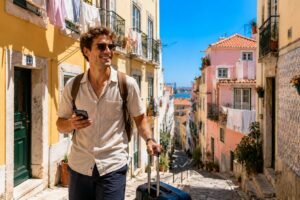 Jeune voyageur souriant avec sa valise dans une ruelle coloree de l'Alfama a Lisbonne