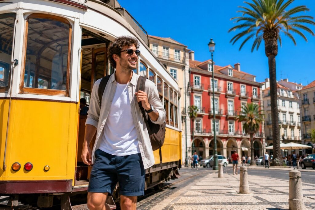 Jeune homme avec sac a dos descend du tramway sur une place ensoleillee de Lisbonne