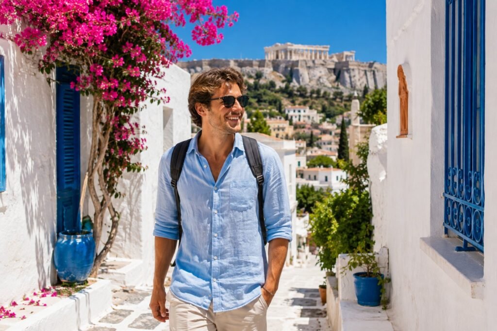Jeune homme souriant dans une ruelle blanche d'Athenes avec l'Acropole au loin